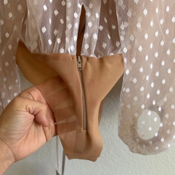 NWT The Dolls House Polka Dot Sheer Sleeve Bodysuit - Tan and White - Picture 12 of 12